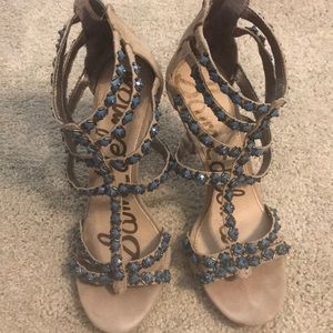 Sam Edelman tan suede heels with turquoise stones